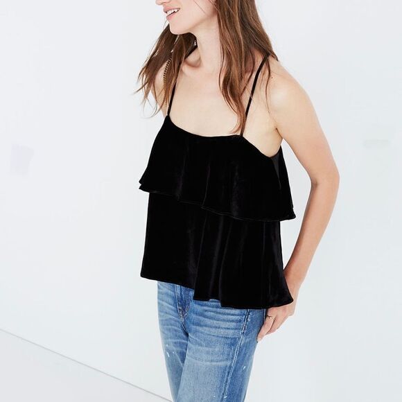 Madewell Velvet Ruffle Cami, Size Medium Black - Picture 3 of 7